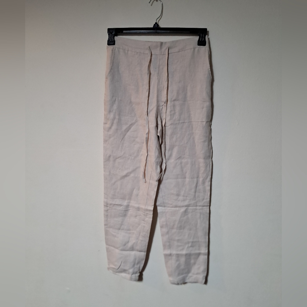 IXIMO Womens 100% Linen Drawstring Pants Tan Back Stretch Pockets Sz. S